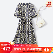 金菊【100%桑蠶絲18姆米斜紋綢】夏季新款圓領(lǐng)寬松千鳥格真絲連衣裙女 藏青格子 XL