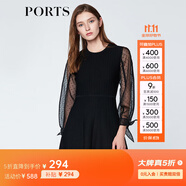 PORTS寶姿商場同款春夏新品女裝歐根紗拼接袖連衣裙 黑色 M
