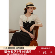 獨束大碼女裝【雙色可選】法式茶歇娃娃領(lǐng)連衣裙女夏裝微胖mm裙子 芝麻黑 XL （尺碼：3） 拍前和客服確認(rèn)尺碼