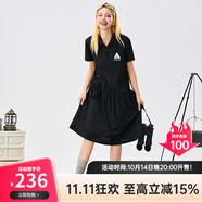 B.Duck小黃鴨短袖連衣裙女2025夏新款黑色不規(guī)則拼接裙休閑簡約連身裙 黑色 L