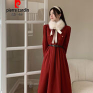 皮爾卡丹（pierre cardin）洋派系帶毛領(lǐng)紅色毛呢裙女秋冬大尺碼胖妹妹新款時(shí)尚氣質(zhì)顯瘦洋裝 紅色(送皮帶+毛領(lǐng))(優(yōu)質(zhì)版)【今年流行裙子/ L (90-120斤)【巨顯瘦遮肚遮肉】