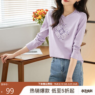 熙世界長(zhǎng)袖T恤女2025春季新款民族風(fēng)復(fù)古刺繡百搭寬松圓領(lǐng)體恤衫 紫芒色 L