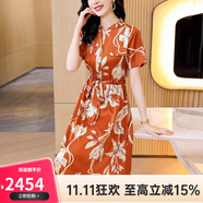 歐迪鳥大牌重磅真絲連衣裙高端洋氣印花收腰顯瘦桑蠶絲裙子夏季新款 橘色 XL