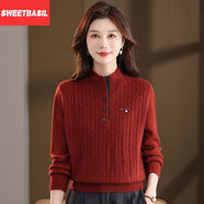 Sweet basil秋冬新款拼色大碼寬松毛衣顯瘦毛衣針織洋氣高領(lǐng)上衣 紅色 M   【90-105斤】