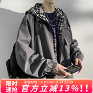 牧唯假兩件鋒沖上衣外套男女春秋冬季潮牌休閑寬松大碼工裝加棉厚夾克 J6818深灰色常規(guī) XL [建議125-140斤]