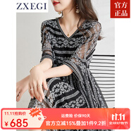 ZXEGI新款高檔100%真絲桑蠶絲連衣裙女高端品牌時尚大氣鏤空刺繡中長裙 黑色 L （111-120斤）