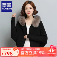 羅蒙（ROMON）短外套女針織連帽真狐貍毛領(lǐng)拉鏈韓版毛衣秋冬蝙蝠2025新款上衣服 黑色 M 95-110斤