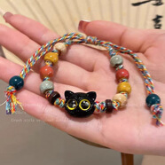 彩色玻璃貓咪編織繩手鏈ins復古風(fēng)小眾感個(gè)性手串學(xué)生情侶飾 M814【彩色貓咪手鏈】