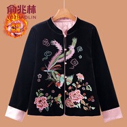 俞兆林（YUZHAOLIN）新中式國風(fēng)刺繡金絲絨外套女士秋冬季媽媽夾棉棉服唐裝小棉襖上衣 白鳥(niǎo)朝鳳 3XL (參考120-135斤)