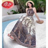 浪莎波西米亞沙灘裙吊帶裙連衣裙海邊度假棉綢碎花長(cháng)裙甜美印花無(wú)袖 大樹(shù)藍 均碼 (建議80-135斤)