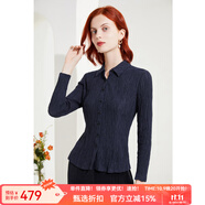 MORELINE沐蘭褶皺肌理感氣質襯衫女2023秋裝新款時尚通勤修身顯瘦長袖襯衣 寶藍 3XL