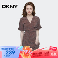 唐可娜兒（DKNY）【京東奧萊】新款V領印花連衣裙女夏季短袖收腰時尚中長款裙子W13 W1312T06-220 S