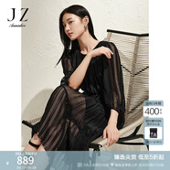 玖姿·安娜蔻優(yōu)雅浪漫壓褶竹節(jié)肌理收腰連衣裙蛋糕裙女2025春季新款 素黑 M