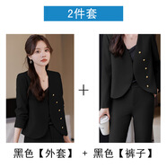感女西服套裝早春短款無領(lǐng)小西裝 黑色長(zhǎng)袖西裝+B136褲子 S
