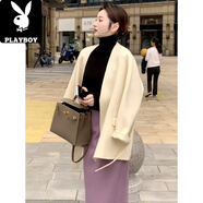 花花公子（PLAYBOY）現貨韓版氣質(zhì)綁帶收腰開(kāi)衫毛呢外套大衣女新款秋冬季高端寬松上衣 杏色外套 S