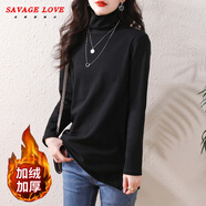 SAVAGE LOVE2025秋冬打底衫女裝內(nèi)搭高領(lǐng)t恤加絨大碼中長(zhǎng)款寬松遮肚子上衣 黑色 加絨加厚 L 100-115斤