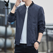 花花公子（PLAYBOY）秋褲夾克男士春秋季休閑拉鏈外套運動(dòng)工裝上衣服韓版潮流百搭外衣 深灰 XL