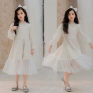 克寧克刺繡花朵網(wǎng)紗公主裙大童女孩表演禮服裙女童長袖連衣裙春秋款甜美 米白色正常胖瘦請按照身高下單 120 cm適合115到120正常胖瘦