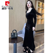 皮爾卡丹（pierre cardin）感時(shí)尚女裝2025年春季新款鑲鉆方領(lǐng)修身魚(yú)尾裙絲絨氣質(zhì)連衣裙 黑色絲絨修身連衣裙 【高品質(zhì)】 L 建議90-105斤