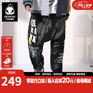 閃電潮牌（GENANX）哈倫褲街頭嘻哈黑灰撞色涂鴉印花牛仔褲潮 黑灰色 M