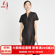 天意TANGY\/天意夏季新品商場(chǎng)同款國(guó)潮香云紗真絲V領(lǐng)線跡莨綢連衣裙 7501 XL