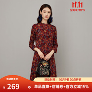 漁漁牌女裝秋裝女2023年新款立領(lǐng)印花長款雪紡彈力連衣裙子FGFD0036 棗紅 M