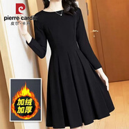 皮爾卡丹加絨/不加絨2025秋冬新款連衣裙女收腰顯瘦時(shí)尚氣質(zhì)減齡遮肚裙 黑色加絨加厚長(cháng)袖 XL 建議110-120斤