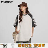 威秀學(xué)院風(fēng)落肩袖條紋短袖t恤男夏季國(guó)潮街頭上衣半袖百搭潮牌 灰杏拼色 M
