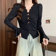 SMVP2025春法式獨特加厚磨毛蕾絲內(nèi)搭大碼女裝胖mm秋冬V領(lǐng)打底衫上衣 黑色上衣【冷淡系甜辣/法式別致洋氣小衫/感今年流行 M 【80-100斤】