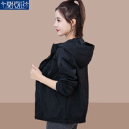 莫代爾春秋時(shí)尚百搭短外套女2025新款純色連帽上衣開(kāi)衫休閑百搭夾克 黑色 XL 105-120斤