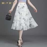 夏典素訂女王（SE.PSTP）2025夏新款碎花冰絲半身裙女小清新短裙大擺網(wǎng)紗印花a字顯瘦中裙 新面料雪紡紗(9906-6) 均碼 (松緊腰)