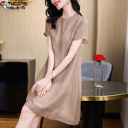 啄木鳥(niǎo)雪紡刺繡連衣裙女夏季2025新款高端精致小個(gè)子微胖遮肚子減齡長(cháng)裙 咖色 L 建議105-115斤