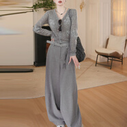 小紅書(shū)爆款巨好看秋裝一整套穿搭女2025新款V領(lǐng)長(cháng)袖針織衫+純色休 灰色套裝 L(建議100斤-115斤) 均碼