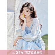 謎秀暈染印花藍(lán)色雪紡度假連衣裙女2025春夏新款設(shè)計(jì)感小個(gè)子長裙 奈良藍(lán)花 奈良藍(lán)花 L