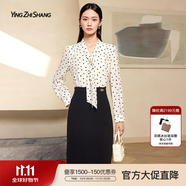 贏智尚黑白色波點連衣裙2025新款收腰裙子假兩件飄帶領襯衫裙ZF03532V1 黑白波點拼色 S