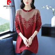 皮爾卡丹（pierre cardin）秋冬季中老年媽裝鑲鉆毛衣女中長(cháng)款打底衫寬松大號女繡花A字裙 紅色 M