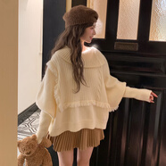 森女部落甜美風(fēng)不規則翻領(lǐng)套頭針織衫女2025新款設計感寬松毛衣冬 杏色毛衣 M