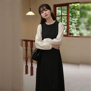 法式文藝拼色假兩件長(cháng)袖系結連衣裙中長(cháng)款2026春裝新款百搭長(cháng)裙子 黑色 M