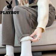 花花公子秋冬季加絨加厚毛呢哈倫褲女運(yùn)動(dòng)休閑褲高腰顯瘦垂感小腳褲百搭褲 深灰色長褲[不加絨] S