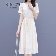 SIN.CYC女裝印花連衣裙女夏裝中長(zhǎng)款氣質(zhì)流行雪紡韓版收腰時(shí)尚裙 米色 XL