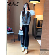 妍莉芬（yanlifen）秋裝搭配一整套女2025年新款女裝套裝襯衫針織馬甲牛仔褲三件套女 灰色馬甲+白色襯衫+藍色牛仔褲 M 【建議100-110斤左右】