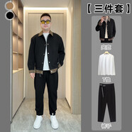 自語(yǔ)（ZIYU）【三件套】秋春裝男華夫格大碼工裝夾克套裝休閑寬松翻領(lǐng)百搭外套 黑色外套+白T+腰帶褲 M  建議（90一120斤）
