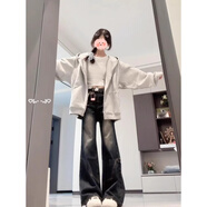 衣然呈品微喇叭牛仔褲女士秋冬新款美式高街設(shè)計(jì)感寬松顯直筒瘦闊腿褲子女 水泥灰 L 【建議100-120斤】