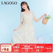 LAGOGO拉谷谷米色氣質(zhì)U型領甜美泡泡袖夏季新款小眾設計連衣裙女 米色（T2） S 155/36