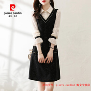 皮爾卡丹（pierre cardin）品牌高檔輕奢連衣裙氣質(zhì)小香風(fēng)假兩件裙子秋裝2025翻領(lǐng)釘珠撞色顯 品牌高端新品-黑色【高品質(zhì)】 M (90-105斤)