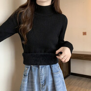 蘑菇同學(xué)加絨加厚一體絨半高領(lǐng)毛衣女秋冬胖mm大碼打底衫顯瘦內搭針織上衣 黑色 3XL 【建議160-180斤】