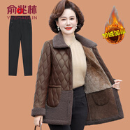 俞兆林（YUZHAOLIN）中年媽媽冬裝外套加厚PU皮棉衣中老年女時(shí)尚大碼羊羔絨翻領(lǐng)皮棉襖 咖色+黑色褲 加絨 2XL (參考105-120斤)