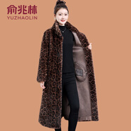 俞兆林（YUZHAOLIN）媽媽冬裝豹紋水貂絨外套新款中老年女裝中長款皮毛一體彷皮草大衣 豹紋 M (參考90-110斤)