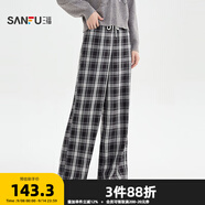 三福休閑褲2025秋季花邊松緊腰格子寬松闊腿褲長褲女裝509663 黑白格 S
