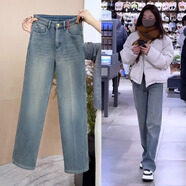 以純（YISHion）大碼窄版闊腿加絨牛仔褲女夏季2025新款胖mm寬松高腰顯瘦直筒褲子 淺藍色單褲【高質(zhì)量版】 M 建議98-108斤